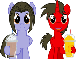 Size: 1920x1485 | Tagged: safe, artist:shadymeadow, imported from derpibooru, oc, oc:dancing fan, oc:fried egg, pegasus, pony, unicorn, drink, female, frappuccino, male, mare, stallion