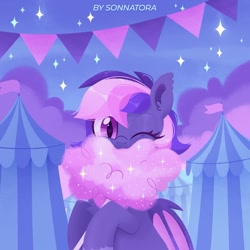 Size: 1221x1221 | Tagged: safe, artist:sonnatora, imported from derpibooru, oc, oc only, oc:midnight mist, bat pony, pony, cotton candy, solo