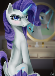 Size: 2200x3000 | Tagged: safe, artist:nixworld, imported from derpibooru, rarity, angry, blue eyes, curly hair, diva, fancy, grumpy, lipstick, magic, makeup, mirror, purple hair, sitting, table, white coat