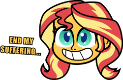 Size: 1024x672 | Tagged: safe, artist:kingdark0001, imported from derpibooru, sunset shimmer, equestria girls, my little pony: pony life, disembodied head, end my suffering, female, floating head, g4.5, pony life equestria girls-ified, simple background, smiling, solo, text, white background