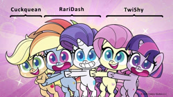 Size: 696x392 | Tagged: safe, edit, edited screencap, imported from derpibooru, screencap, applejack, fluttershy, rainbow dash, rarity, twilight sparkle, alicorn, earth pony, pegasus, pony, unicorn, my little pony: pony life, princess probz, spoiler:my little pony: pony life, bipedal, caption, cuckquean, female, g4.5, group hug, hug, lesbian, mare, raridash, shipping, twilight sparkle (alicorn), twishy