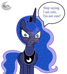 Size: 600x660 | Tagged: safe, artist:celestiaisbestponyyt, artist:princesslunayay, imported from derpibooru, princess luna, alicorn, pony, angry, blatant lies, blushing, crown, cute, denial, denial's not just a river in egypt, deviantart, deviantart watermark, dialogue, ethereal mane, female, i'm not cute, jewelry, logo, looking at you, lunabetes, lying, mare, necklace, obtrusive watermark, regalia, simple background, solo, speech bubble, starry mane, talking, talking to viewer, text, tsundere, tsunderuna, watermark, white background