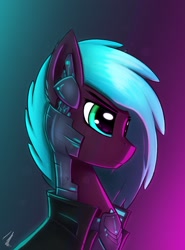 Size: 1600x2165 | Tagged: safe, artist:kridershot, imported from derpibooru, oc, oc only, pony, augmented, bust, clothes, cyberpunk, gradient background, looking away, portrait, solo, three quarter view