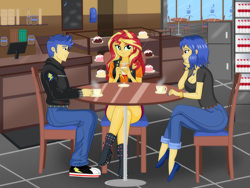 Size: 4000x3000 | Tagged: safe, artist:chuyryu, imported from derpibooru, flash sentry, sunset shimmer, oc, oc:lazuli melody, equestria girls, beverage, big breasts, boots, breasts, busty oc, cafe, cafeteria, coffee, converse, cup, drink, female, flashimmer, food, high heel boots, male, milf, mother, mother and child, mother and son, mug, pastry, shipping, shoes, straight, tea