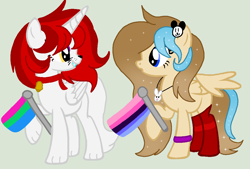 Size: 1076x728 | Tagged: safe, artist:circuspaparazzi5678, imported from derpibooru, oc, oc:lucky cat, oc:melody havana, alicorn, pegasus, pony, base used, bell, bracelet, clothes, collar, hairclip, jewelry, necklace, omnisexual, omnisexual pride flag, polysexual, polysexual pride flag, pride, pride flag, pride month, red socks, socks, sparkles