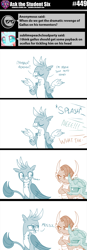 Size: 800x2298 | Tagged: safe, artist:sintakhra, imported from derpibooru, gallus, ocellus, smolder, changedling, changeling, dragon, griffon, tumblr:studentsix, crossed arms, cute, diaocelles, gallabetes, looking at each other, ocellus is not amused, pencil, prank, revenge, smolder is not amused, stifling laughter, talking to viewer, this will end in pain, unamused, wet, wet hair, wet mane