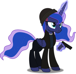 Size: 4042x3915 | Tagged: safe, artist:anime-equestria, imported from derpibooru, princess luna, alicorn, android, pony, robot, robot pony, clothes, connor, detroit: become human, gun, handgun, hat, horn, jacket, levitation, magic, pistol, shirt, simple background, solo, telekinesis, transparent background, vector, weapon, wings