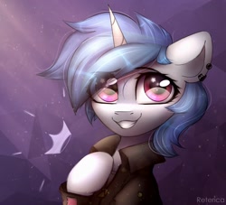 Size: 1652x1500 | Tagged: safe, artist:radioaxi, artist:reterica, imported from derpibooru, oc, oc only, pony, unicorn, abstract background, bust, clothes, commission, ear piercing, earring, eye clipping through hair, female, jacket, jewelry, looking at you, mare, piercing, portrait, smiling, solo