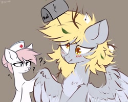 Size: 1024x818 | Tagged: dead source, safe, artist:hydrargyrum, imported from derpibooru, derpy hooves, nurse redheart, earth pony, pegasus, pony, blushing, chest fluff, confused, cute, derpabetes, derpy being derpy, duo, female, letter, mailbox, mare, messy mane, question mark, unamused