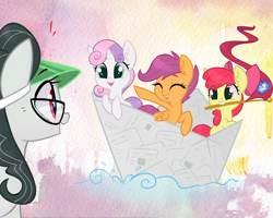 Size: 2738x2190 | Tagged: safe, artist:meekcheep, imported from derpibooru, apple bloom, scootaloo, sweetie belle, oc, boat, cutie mark crusaders, flag, glasses, mouth hold, newspaper, paper boat, sun visor