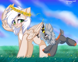 Size: 2048x1638 | Tagged: dead source, safe, artist:hydrargyrum, imported from derpibooru, oc, oc only, kirin, pegasus, pony, floral head wreath, flower, pale belly, smiling