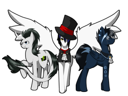 Size: 4000x3000 | Tagged: safe, artist:tomat-in-cup, imported from derpibooru, oc, oc only, pegasus, pony, unicorn, clothes, hair over one eye, hat, horn, leonine tail, pegasus oc, raised hoof, simple background, smiling, spread wings, top hat, transparent background, unicorn oc, wings