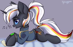 Size: 1024x658 | Tagged: dead source, safe, artist:hydrargyrum, imported from derpibooru, oc, oc only, oc:velvet remedy, pony, unicorn, fallout equestria, clothes, jacket, jumpsuit, lying down, music notes, pipbuck, singing, solo, vault suit