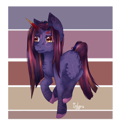 Size: 1024x1081 | Tagged: safe, artist:inlaru, imported from derpibooru, oc, oc only, oc:ashatni, pony, unicorn, chibi, female, fluffy, horn, mare, prize, simple, simple background, solo, unicorn oc