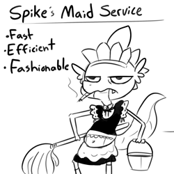 Size: 2250x2250 | Tagged: safe, artist:tjpones, imported from derpibooru, part of a set, spike, dragon, belly button, black and white, bucket, cigarette, clothes, crossdressing, grayscale, maid, maid headdress, monochrome, mop, simple background, smoking, solo, white background