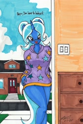 Size: 1969x2910 | Tagged: safe, artist:newyorkx3, imported from derpibooru, trixie, anthro, unicorn, alternate hairstyle, babysitter trixie, bedroom eyes, bottomless, clothes, door, female, hoodie, house, looking at you, open mouth, partial nudity, solo, traditional art