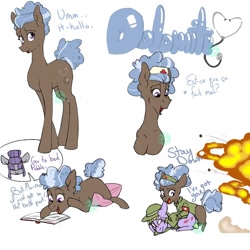 Size: 1024x1024 | Tagged: safe, artist:farewelldecency, imported from derpibooru, maud pie, oc, oc:dolomite, alternate hairstyle, book, explosion, french, nurse, offspring, parent:cheese sandwich, parent:maud pie, parents:maudwich, prench, random pony, reference sheet, soldier