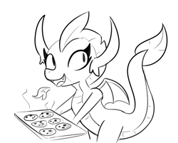 Size: 3894x3138 | Tagged: safe, artist:tjpones, imported from derpibooru, smolder, dragon, baking, cookie, cooking, cute, female, fire, food, monochrome, simple background, smolderbetes, solo, white background