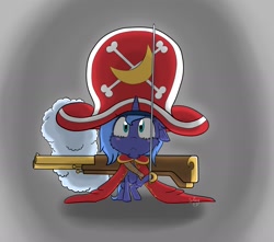 Size: 1993x1762 | Tagged: safe, artist:shinycyan, imported from derpibooru, princess luna, alicorn, pony, cute, determined, female, filly, fluffy, gun, hat, lunabetes, one piece, one piece film: z, pirate, pirate hat, pirate outfit, solo, sword, tony tony chopper, weapon, woona, younger