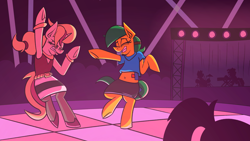 Size: 3840x2160 | Tagged: safe, artist:cowsrtasty, imported from derpibooru, oc, oc:blocky bits, oc:melody bash, earth pony, pony, unicorn, clothes, club, commission, concert, dancing, detailed background, earth pony oc, happy, horn, nightclub, rave, stage, unicorn oc