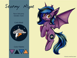 Size: 5000x3800 | Tagged: safe, artist:ami-gami, artist:amy-gamy, imported from derpibooru, oc, oc only, oc:stormy night, bat pony, bat pony oc, bat wings, cutie mark, happy, night, oc batpony, purple, reference sheet, simple, simple background, smiling, wings