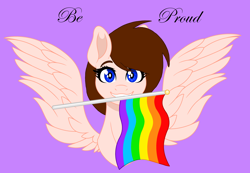 Size: 3824x2640 | Tagged: safe, artist:elementbases, imported from derpibooru, oc, oc only, oc:breanna, pegasus, pony, base color, base used, base:elementbases, flag, flag waving, gay pride, gay pride flag, happy, no shading, pride, pride flag, pride month, rainbow, rainbow flag, simple, simple background, smiling, solo