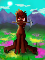 Size: 2121x2828 | Tagged: safe, artist:melod-va, artist:melodybell, imported from derpibooru, oc, oc only, oc:mars miner, pony, day, mountain, mouth hold, pickaxe, scenery, solo