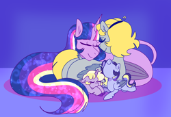 Size: 2048x1397 | Tagged: safe, artist:cubbybatdoodles, imported from derpibooru, derpy hooves, dinky hooves, ditzy doo, twilight sparkle, oc, alicorn, pegasus, pony, unicorn, daughter, equestria's best daughter, equestria's best mother, female, filly, leonine tail, lesbian, magical lesbian spawn, mare, mother, mother and child, mother and daughter, offspring, parent:derpy hooves, parent:ditzy doo, parent:ponet, parent:twilight sparkle, parents:ponetderp, parents:twerpy, shipping, twerpy, twilight sparkle (alicorn), wife, wives