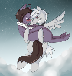 Size: 834x876 | Tagged: safe, artist:ask-pony-gerita, imported from derpibooru, oc, earth pony, pegasus, pony, blushing, bridal carry, carrying, clothes, cloud, female, flying, glasses, grin, hetalia, holding a pony, looking at each other, male, night, ponified, scarf, smiling, stars, straight, unamused