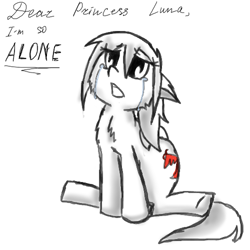 Size: 500x500 | Tagged: safe, artist:askponybrandenburg, imported from derpibooru, pegasus, pony, ask, bored, brandenburg, chest fluff, crying, hetalia, implied princess luna, lonely, looking up, partial color, ponified, sitting, solo, talking