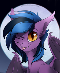 Size: 2500x3000 | Tagged: safe, artist:mithriss, imported from derpibooru, oc, oc only, oc:stormy night, bat pony, bat pony oc, bat wings, moon, smiling at you, wings