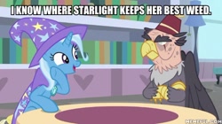 Size: 600x337 | Tagged: safe, edit, edited screencap, imported from derpibooru, screencap, grampa gruff, trixie, a horse shoe-in, caption, image macro, memeful.com, text