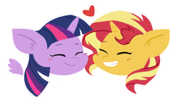 Size: 820x500 | Tagged: safe, artist:laescbr, imported from derpibooru, sunset shimmer, twilight sparkle, alicorn, pony, unicorn, blushing, chibi, cute, female, heart, lesbian, mare, shimmerbetes, shipping, simple background, smiling, sticker, sunsetsparkle, transparent background, twiabetes, twilight sparkle (alicorn)