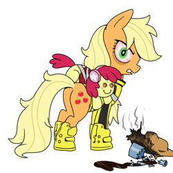 Size: 894x894 | Tagged: safe, alternate version, artist:madmax, imported from derpibooru, apple bloom, applejack, earth pony, pony, bloodshot eyes, butt, chuck greene, dead rising, female, insanity, katey greene, mare, motocross outfit, motorcross outfit, plot, simple background, smoke, solo, white background