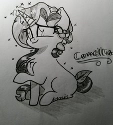 Size: 464x512 | Tagged: safe, artist:c.a.m.e.l.l.i.a, imported from derpibooru, oc, oc:camellia glory, unicorn, black and white, grayscale, horn, monochrome, smiling, traditional art, unicorn oc