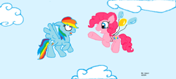 Size: 1024x462 | Tagged: safe, artist:melanie-violet, imported from derpibooru, pinkie pie, rainbow dash, earth pony, pegasus, balloon, cloud