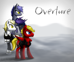 Size: 1920x1604 | Tagged: safe, artist:dawnmistpony, imported from derpibooru, oc, oc only, oc:agent bentgrass, oc:fleethoof, oc:midnight dasher, bat pony, fanfic:overture, fanfic, fanfic art, fanfic cover, gun, military, weapon