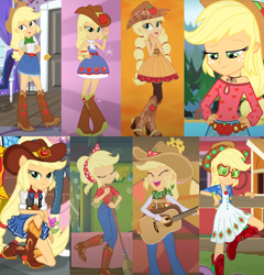 Size: 1111x1157 | Tagged: safe, edit, imported from derpibooru, screencap, applejack, dance magic, equestria girls, equestria girls (movie), equestria girls series, festival filters, five to nine, friendship through the ages, legend of everfree, spoiler:eqg series (season 2), spoiler:eqg specials, bare shoulders, beautiful, boots, camp fashion show outfit, clothes, collage, cowboy boots, cowboy hat, cowgirl, cowgirl outfit, cowgirl style, cute, dance magic (song), hat, jackabetes, music festival outfit, shoes, sleeveless, strapless, this is our big night