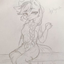 Size: 1080x1080 | Tagged: dead source, safe, artist:mayguay, imported from derpibooru, applejack, anthro, earth pony, braid, clothes, female, hat, lineart, shorts, sitting, solo, straw in mouth, text, traditional art