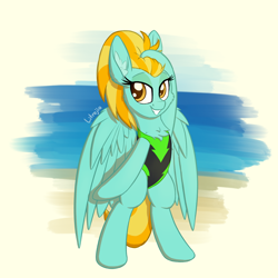 Size: 1900x1900 | Tagged: safe, artist:litrojia, imported from derpibooru, lightning dust, pegasus, pony, abstract background, beach, bipedal, chest fluff, clothes, ear fluff, female, fluffy, lidded eyes, looking at you, mare, one-piece swimsuit, smiling, solo, swimsuit, water