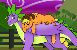 Size: 3164x2062 | Tagged: safe, artist:bella-pink-savage, artist:bellbell123, imported from derpibooru, applejack, spike, dragon, earth pony, pony, applejack riding spike, applespike, bags under eyes, eyes closed, female, fence, high res, male, mare, older, older spike, ponies riding dragons, prone, riding, shipping, sleeping, straight, tired, winged spike, wings