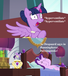 Size: 1280x1440 | Tagged: safe, edit, edited screencap, imported from derpibooru, screencap, starlight glimmer, twilight sparkle, alicorn, a royal problem, ballerina, double facehoof, facehoof, faic, gilbert and sullivan, hyperventilating, ruddigore, speech, talking, tutu, twilarina, twilight sparkle (alicorn), twilighting, unsound effect