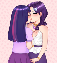 Size: 1833x2048 | Tagged: safe, artist:haharii, imported from derpibooru, kotobukiya, rarity, twilight sparkle, human, abstract background, bare shoulders, belt, clothes, dress, duo, duo female, eyeshadow, female, hairclip, humanized, jewelry, kissing, kotobukiya rarity, kotobukiya twilight sparkle, lesbian, makeup, necklace, rarilight, shipping, shirt, skirt, sleeveless, strapless