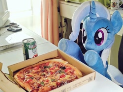 Size: 1024x768 | Tagged: safe, artist:nekokevin, imported from derpibooru, trixie, pony, unicorn, can, cheese pizza, cute, diatrixes, female, food, irl, mare, photo, pizza, pizza box, plushie, raised hoof, sitting, smiling, solo, underhoof