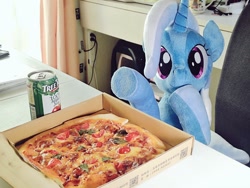 Size: 1024x768 | Tagged: safe, artist:nekokevin, imported from derpibooru, trixie, pony, unicorn, can, cheese pizza, cute, diatrixes, female, food, irl, looking at you, mare, photo, pizza, pizza box, plushie, pointing, raised hoof, sitting, smiling, solo, underhoof