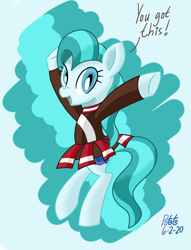 Size: 1044x1364 | Tagged: safe, artist:notadeliciouspotato, imported from derpibooru, lighthoof, earth pony, pony, abstract background, bipedal, cheerleader, cheerleader outfit, clothes, female, mare, open mouth, pleated skirt, raised hoof, signature, skirt, smiling, solo, talking