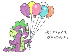 Size: 1009x745 | Tagged: safe, artist:cmara, imported from derpibooru, spike, dragon, balloon, grin, male, smiling, solo, traditional art