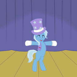 Size: 700x700 | Tagged: safe, artist:marim87, imported from derpibooru, trixie, pony, unicorn, bipedal, clothes, cute, diatrixes, eyes closed, female, gloves, happy, hat, mare, solo, stage, top hat, vest