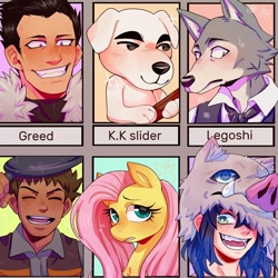 Size: 1080x1080 | Tagged: safe, alternate version, artist:daxratchet, imported from derpibooru, fluttershy, anthro, dog, human, pegasus, pig, pony, wolf, six fanarts, animal crossing, anthro with ponies, beastars, brock, bust, crossover, dark skin, eyelashes, female, fullmetal alchemist, grin, guitar, hashibira inosuke, hat, k.k. slider, kimetsu no yaiba, legosi (beastars), male, mare, mask, musical instrument, open mouth, pokémon, smiling