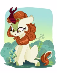 Size: 1607x2048 | Tagged: safe, artist:pineappleartz, imported from derpibooru, autumn blaze, kirin, awwtumn blaze, cute, female, flower, foal's breath, sitting, solo